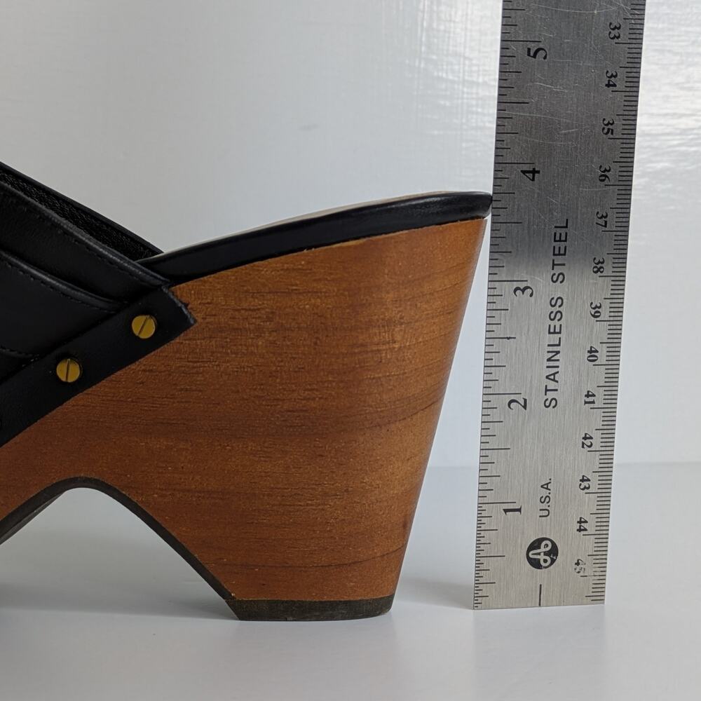 Veronica Beard Hendrix Platform Clogs 9 Black Leather Wood Heel Slip On Mules - Picture 14 of 16